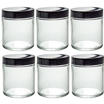 Premium Vials, 8 Oz CLEAR Glass Jar Straight Sided with Black Lid - Pack of 6 (8 OZ, Clear)