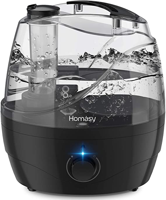 Homasy 2200ml Humidifier, Ultrasonic Cool Mist Humidifier with Independent Power Adapter, Quiet & Auto Shut Off Air Humidifier for Bedroom, Visualize Large Water Tank & Rotary Switch-Grey