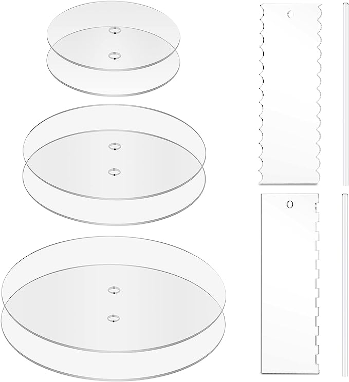 Ailaxq Acrylic Round Cake Discs Set - 6.5”, 8.5”, 10.5” - 2 Circles Each Size (158 mil thick), Comb Icing Scraper, Cake Edge Smoother Cream Scraper for Creating Perfect Cakes