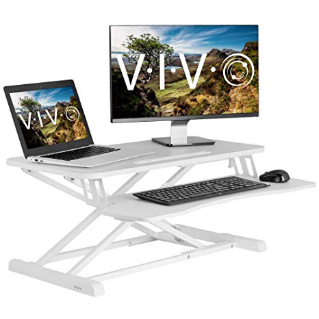 VIVO White Height Adjustable Standing Desk Sit Stand Riser Converter | 32" Wide Tabletop Workstation Fits Dual Monitor (DESK-V000KW)