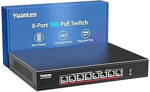 YuanLey 8 Port 10G PoE Switch Unmanaged, 8 x 10G Base-T PoE Ports, IEEE802.3af/at, 110W Built-in Power, Compatible with 1G/2.5G/5G/10G, Metal Case, Rackmount/Wall Mount 10Gbe Network Switch