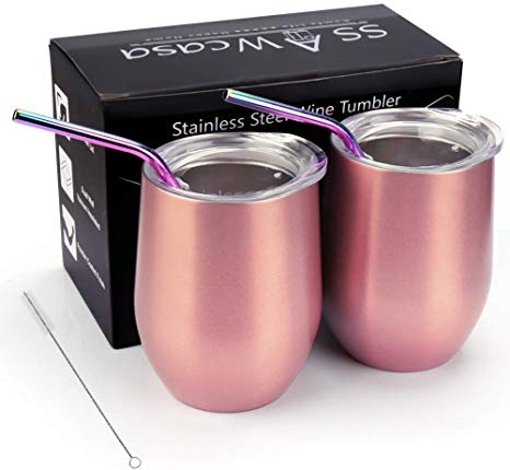 Wine Tumbler with Lid,2 Pack 12oz Stainless Steel Insulated Wine Glasses,Unbreakable Stemless Wine Beverage Cup with Straws and Brush for Champagne,Cocktails,Coffee,Drinks,Party,Travel,Gift (Gold)