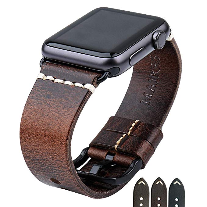 MAIKES Compatible Apple Watch Band 4 Colors Oil Wax Leather Watch Strap Replacement for iWatch Apple Watch 44mm 40mm 42mm 38mm Series 4/3/2/1
