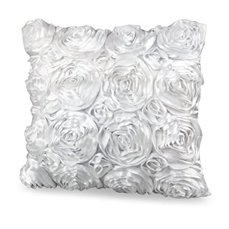 Homecube High Quality Satin Rose Flower Bed Sofa Square Pillow Cushion Pillowcase Case Cover Rose Flowers 16.5''x15.5'' Decorative (White)