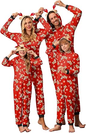 Ekouaer Christmas Onesies for Family Elk Antler Hooded Onesie Pajamas Long Sleeve Comfy Loungewear