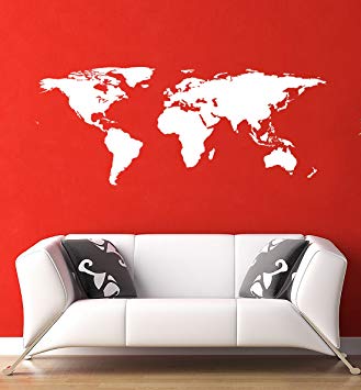 Stickerbrand White World Map Wall Decal Sticker Home Decor Vinyl Wall Art. Large (21in X 51in) Die-Cut Size. Removable.