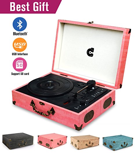 CMC Portable Bluetooth 3 Speed Turntable with Built in Stereo Speakers, Vintage Style Vinyl Record Player, Pink