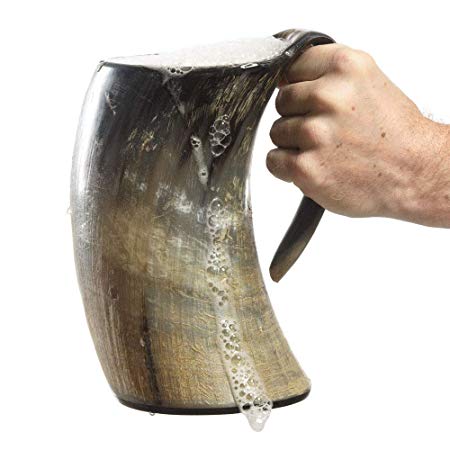 AleHorn – The Original Handcrafted Authentic Viking Drinking Horn XXL 1 Liter Tankard for Beer, Mead, Ale – Medieval Inspired Stein Mug – Food Safe Vessel With Handle.