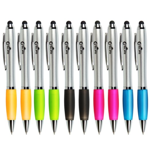 Stylus Pen, GSlife 10 Pack 2 in 1 Ultra Lightweight Stylus with Pen Black Ink Ball Point for iPad,iPhone 6S Plus,Samsung,Tablet and Other Touch Screens,5 Assorted External Color (Rose red,Yellow,Green,Light blue,Black)