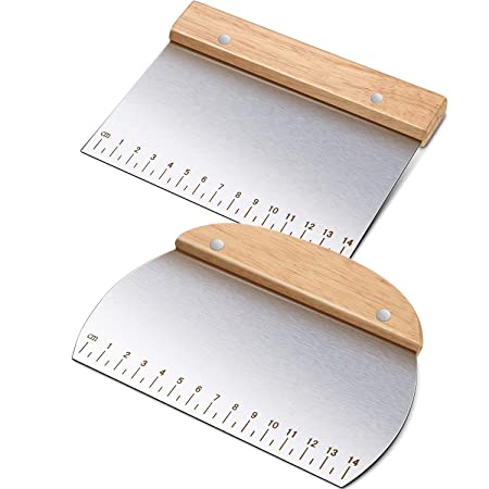 2 Pieces Stainless Steel Bench Scraper with Wood Handle Multiuse Dough Scraper Cutter Scale Printed Scrapers for Home Kitchen Cooking Baking BBQ