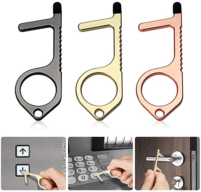 Geila 3 Pack No-Touch Door Opener Closer Keep Clean Key, Non-Contact Brass Door Opener Tool Portable Stick for Elevator Button Pusher Keychain - Reusable Contactless Keychain Tool