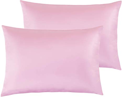 NTBAY Satin Toddler Pillowcases, Travel Pillow Covers Set of 2, Zipper Closure, Super Soft and Luxury, 13"x 18", Light Pink