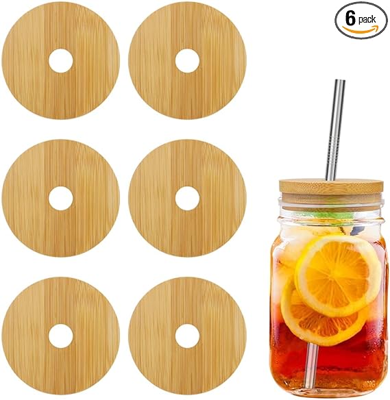 Picowe 6 Pack Bamboo Lids with Straw Hole for Wide Mouth Mason Jar Storage Canning Jar Lids Ball Jars(Jars not included)