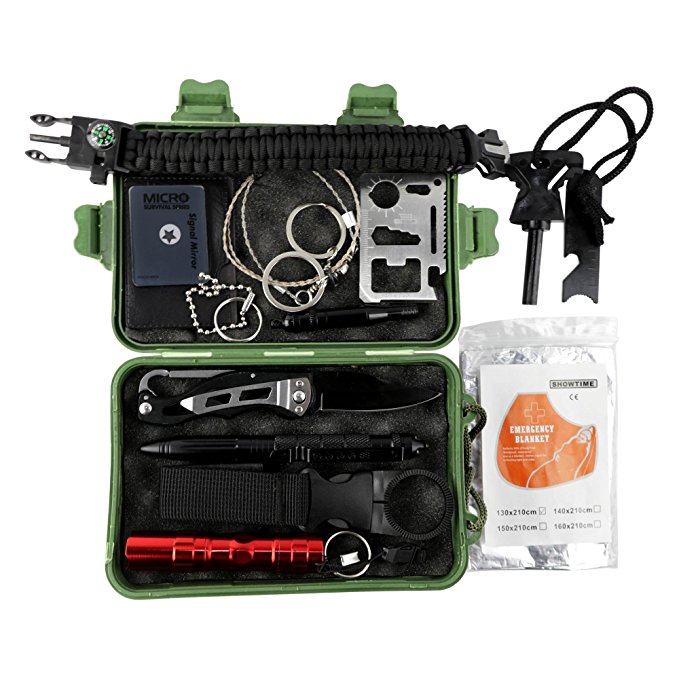 25  Feature Emergency Survival Kit - Outdoor Camping, Hiking, Hunting, Survival Gear with Folding Knife, Fire Starter, Emergency Blanket, Tactical Pen for Breaking Glass and Self Defense