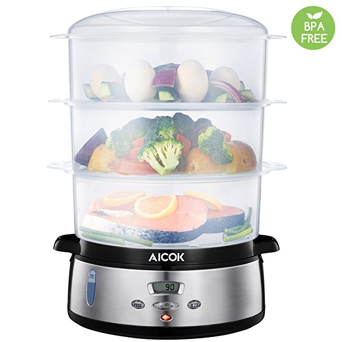 Aicok Food Steamer LCD Digital Display 9L 800W Fast Heat up, Electric Steamer BPA Free, including 3 Tier Stackable Baskets with Egg Holders and a Rice bowl, Stainless Steel