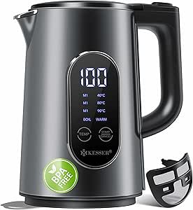 KESSER® Wasserkocher Edelstahl 1.5 Liter | LED-Anzeige | 4-Modi Temperatureinstellung 40°C-100°C | 30min Warmhalten | elektrischer Teekocher 2200W BPA-Frei | Kalkfilter & Easy-Open-Deckel, Anthrazit