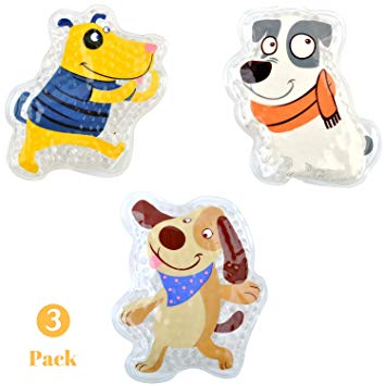 FOMI Kids Fun Pain Relieving Hot Cold Boo Boos Ice Packs. 3-Pack. Orange Scented Animal Dog Designs. Children’s Gel Bead pack for Neck, Knee, Ankle, Arm, Hand, Thigh, Leg. (4” x 3” each)