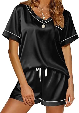 Ekouaer Silk Pajamas for Women Satin Pajama Set 2 Piece Short Sleeve Pjs Sets Soft Summer Sleepwear with Pockets S-XXL