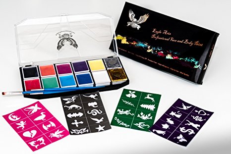Eagle Arts Pro Face & Body Paint Kit/Palette -Large Sturdy Case -Best Quality -Vibrant Water Based Non Toxic FDA Approved -Ideal for Adults, Kids Face Paint-12 Color/3 Brushes/2Glitter Gel/36 Stencils
