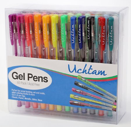 Gel Pens set - 60 pens with Case from Uchtam - Multi-color - Classic, Glitter, Neon & Metallic. Non-Toxic, Long Lasting Ink, Acid Free, Smooth Ink Flow, Best suited for Adult coloring book and Gifts.