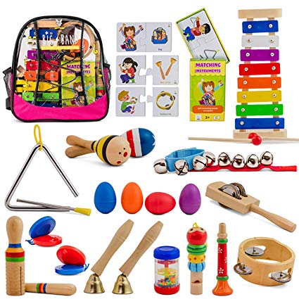SMART WALLABY 26 pc. Toddler Musical Instruments Set   Bonus Puzzle Matching Game | Wooden Toys Educational Percussion Kit with Xylophone and Storage Backpack. Big Band