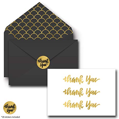 Gold Foil Thank You Cards - Includes 20 Bulk Blank Sets on Linen Paper, Decorative Envelopes and Matching Stickers - Greeting Cards Assortment Great for Baby Showers, Birthdays & Weddings