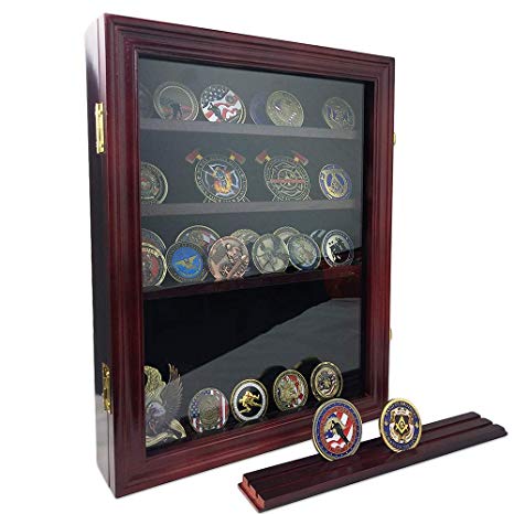 AtSKnSK Military Challenge Coin Display Holder Stand Rack Box with Closable Glass Door - Holds 50 to 60 Coins - Shelf Removable
