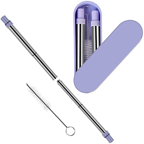 ALINK Telescopic Collapsible Reusable Drinking Straws - Stainless Steel Metal Foldable Straw, Folding Straws Portable Set with Case & Cleaning Brush for Travel, Household, Office(Purple)