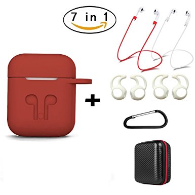 AirPods Case 7 In 1 Airpods Accessories Kits Protective Silicone Cover and Skin for Apple Airpods Charging Case with Airpods Ear Hook Grips/Airpods Staps/Airpods Clips/Skin/Tips/Grips(Red)by Amasing …