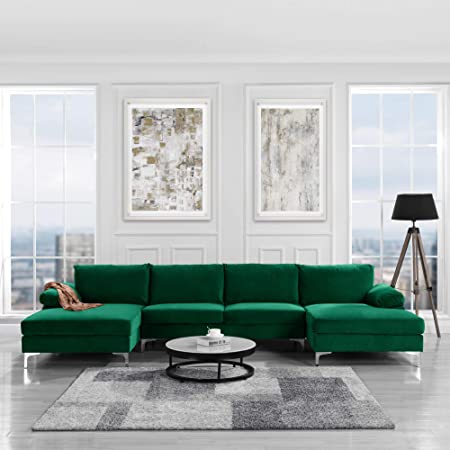 Casa Andrea Milano Modern Large Velvet Fabric U-Shape Sectional Sofa, Double Extra Wide Chaise Lounge Couch, Green