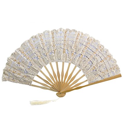 Metable Lace Fan Cotton Lace Embroidered with Bamboo Stem Design Victorian Romantic Style Women Folding Fan Bridal Party Hand Held Fan for Wedding & Dancing Decoration 10.5"(Ivory)