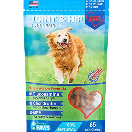 Glucosamine for Dogs - Treats - Joint & Hip Formula with MSM, Chondroitin and Hyaluronic Acid - Bacon Flavor - 65 Soft Chews