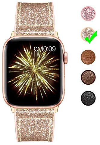 MARGE PLUS Compatible Apple Watch Band 44mm 42mm with Case, Sweatproof Hybrid Genuine Leather Silicone Sports Watch Band with Protective Case Replacement for iWatch Series 5 4 3 2 1, Gold