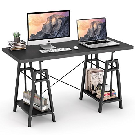 Tribesigns Computer Desk Height Adjustable Standing Desk, 55” Large Office Desk with 2 Open Shelves for Home Office, Easily Switch from Sit to Stand (Black)