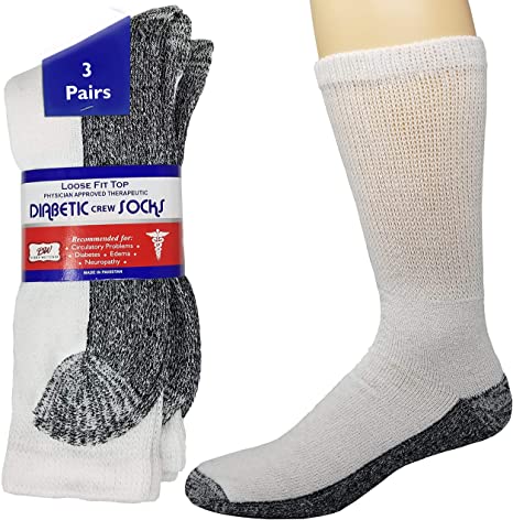 Debra Weitzner Diabetic Crew Socks Reinforced Heel and Toe Non-Binding Cushion Socks for Men and Women 3 Pairs White/Black Sole 13-15