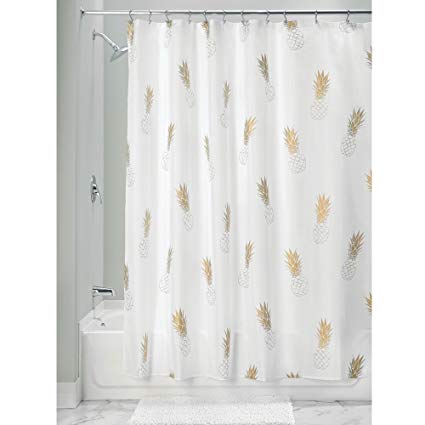 InterDesign Fabric Polyester Shower Curtain, 72" x 72" White Gold Pineapple