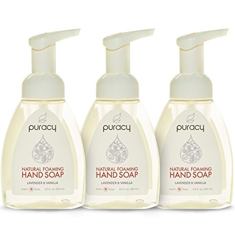 Puracy Natural Foaming Hand Soap, Sulfate-Free Foam, Developed by Doctors for All Skin Types, Lavender and Vanilla, 8.5 Ounce Bottle, (Pack of 3)