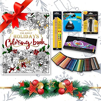 Holiday Bundle - Prismacolor 150-Count Colored Pencils, Triangular Scholar Pencil Eraser, Premier Pencil Sharpener, Colorless Blender Pencils, and CSS Adult Coloring Book