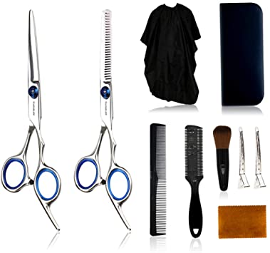 Hair Cutting Scissors Set 10 Pcs Professional Stainless Steel Hairdressing Shears Kits in Leather Case with Thinning Scissors, Clips, Hair Cutting Comb for Barber Salon Home Women Men Pet