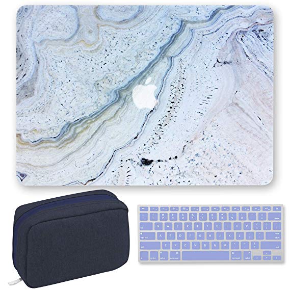 GMYLE MacBook Air 13 Inch Case A1466 A1369 Old Version 2010 2017, Storage Bag Pouch, Serenity Keyboard Cover 3 in 1 Set (Blue Marble Stone & Navy)