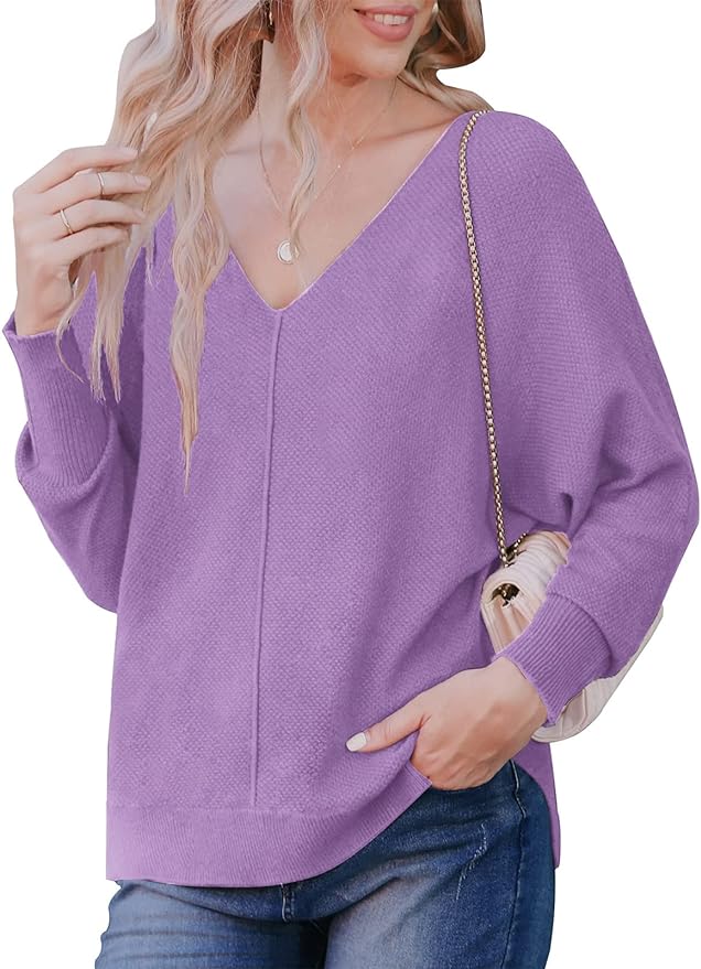 AWULIFFAN Womens Batwing Sleeve Pullover Sweater V Neck Casual Knit Sweaters