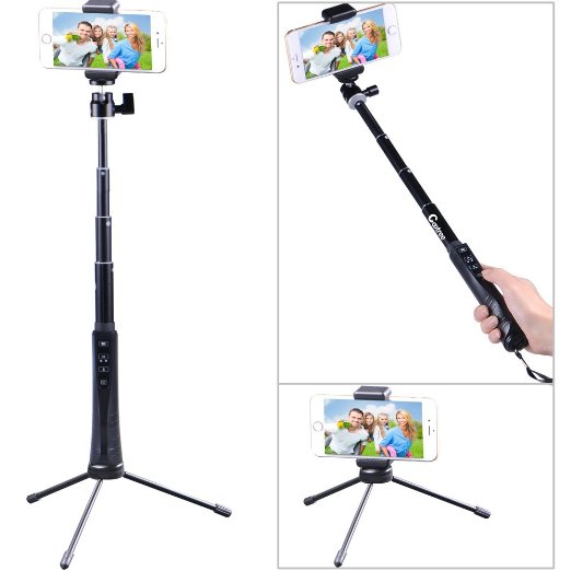 Cootree KS-01 Remote Shutter Extendable Bluetooth Selfie Pole with Folding three Legs Support Stand for iOS and Android Smartphones - Black