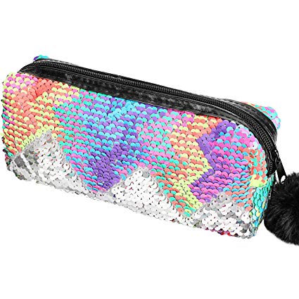 Phogary Glitter Cosmetic Bag Mermaid Spiral Reversible Sequins Portable Double Color Students Pencil Case for Girls Women Handbag Purse Make Up Pouch with Pompon Zip Closure (Colorful)