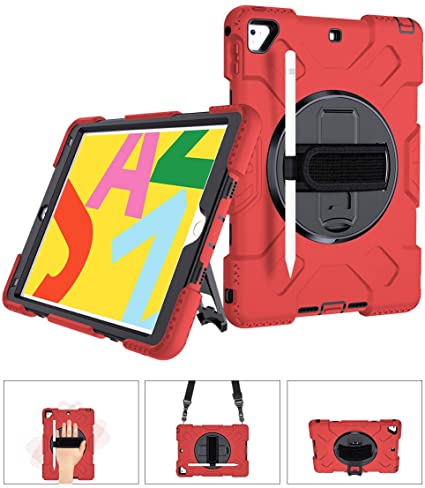 Supfives Stock iPad air 2 Case, Heavy Duty Protective 360 Rotatable Stand Adjustable Shoulder Strap Shockproof Case with Pencil Holder & Hand Strap for iPad 6th/5th Generation Pro 9.7 (Black Red)