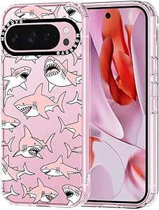 MOSNOVO Case for Google Pixel 9 Pro XL, [Buffertech 6.6ft Military-Grade Drop Protection] [Anti Peel Off Tech] Clear TPU Bumper Phone Case Cover Design - Pink Sharks