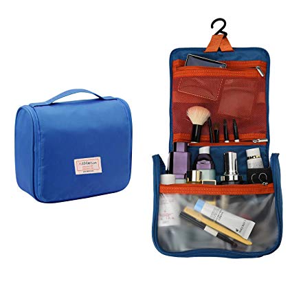 Travel Toiletry Bag for Women Hanging Up Cosmetic Bags Organizer with Sturdy Hook - Navy - Bonus 1 Packing Cube