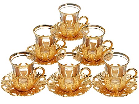 6 X CopperBull 2018 Turkish Tea Glasses Set with Saucers Holders & Spoons (Gold)