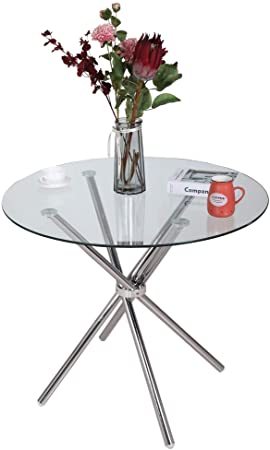 JAXPETY 35” Modern Kitchen Dining Table Furniture with Round Glass Top, Crisscross Stainless Iron Legs for 4 Person, Living Room Bedroom Indoor Outdoor, Clear