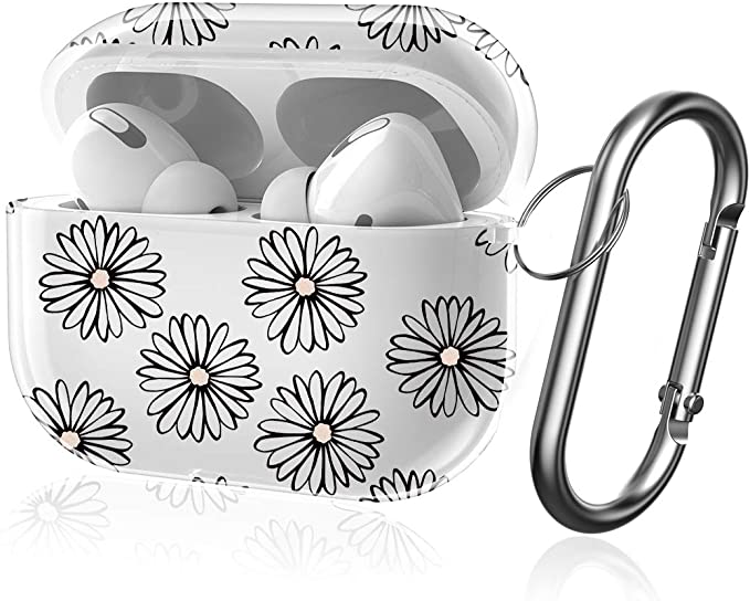 Maxjoy Case for Airpods Pro , Airpods Pro Protective Cover with Keychain, Soft TPU Clear Skin Kit for Girl Boy Women Fit for Airpods 3 Charging Case with Carabiner [Front LED Visible], Flower