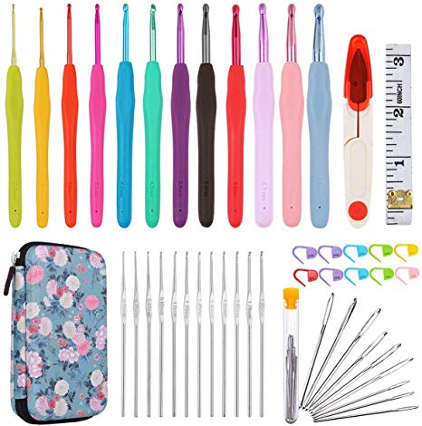 ALL-in-One Crochet Hooks Set PLUS Large-Eye Blunt Needles Yarn Knitting with Case and More Accessories! Ergonomic Handle for EXTREME COMFORT. Ultimate Choice and Perfect Gift!